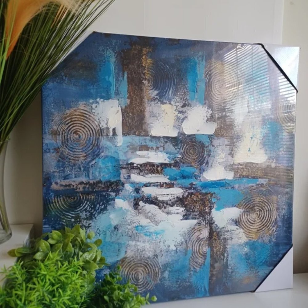 LARGE BLUE ABSTRACT DECORATIVE PAINTING - Wall Art - Strtched Canvas 24 x 24 NWT